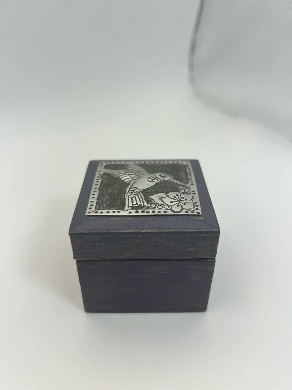 Navy Blue Hummingbird Trinket Box Wooden Small 2